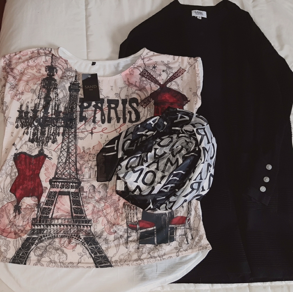 Paris Graphic Top, Black Cardigan Scarf Bundle
